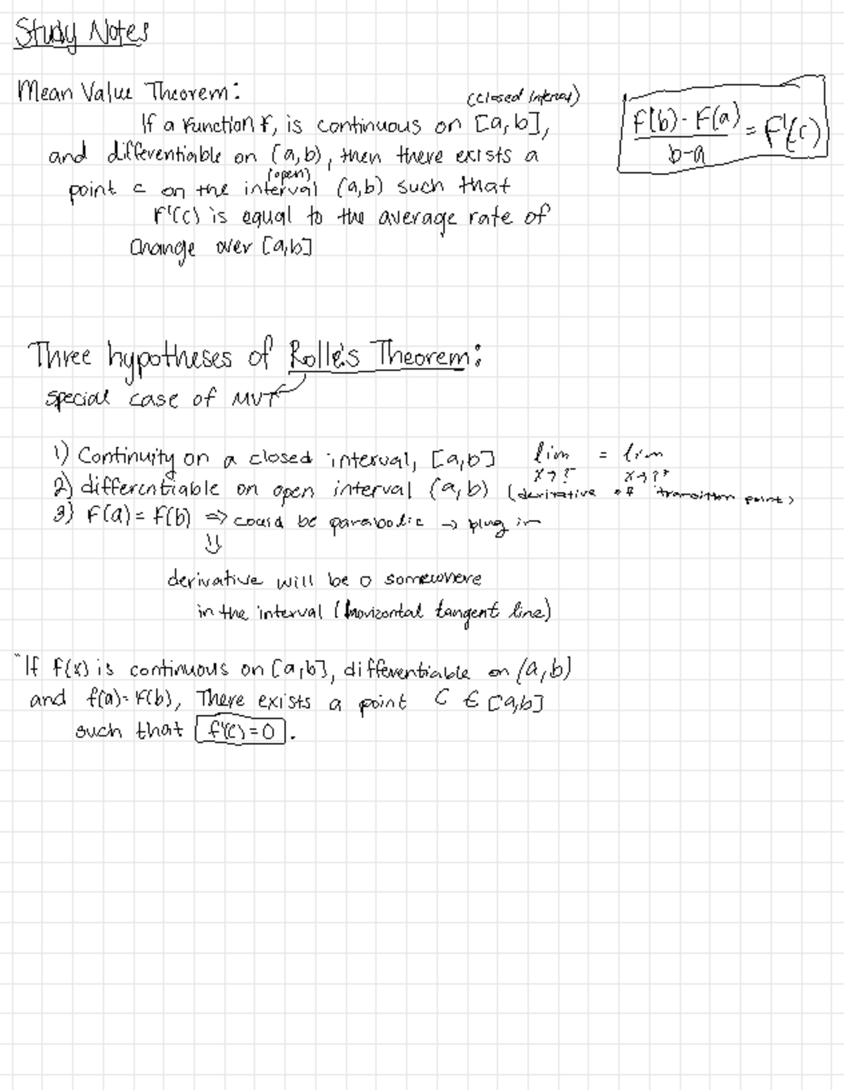 Calculus I - Study Notes for 2nd Midterm Exam: Mean Value Theorem - Studocu