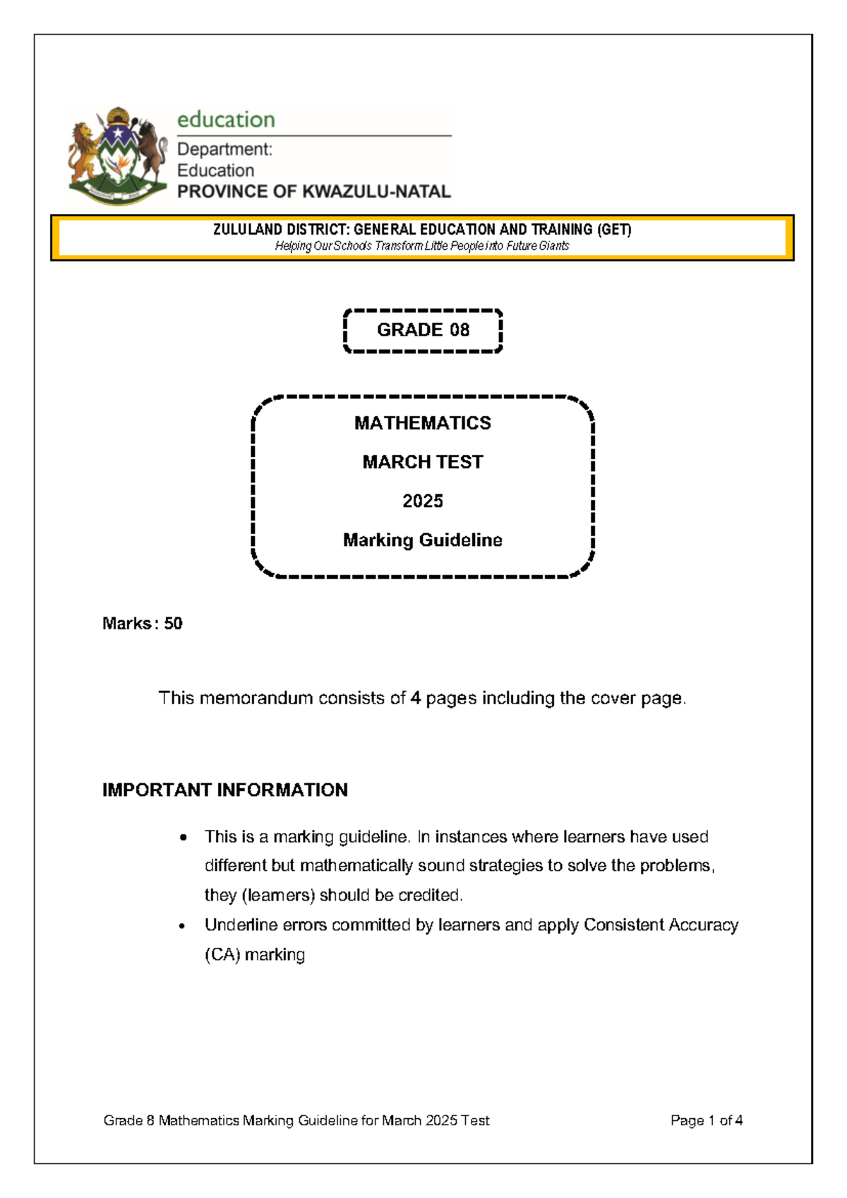 Grade 8 Math March Test Marking Guideline 2025 - Studocu