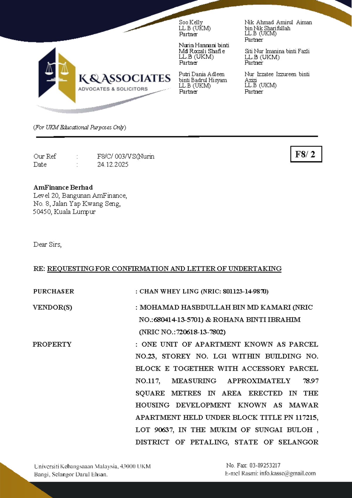 F8 02 (VS-VF) Letter of Undertaking & Confirmation for Property ...