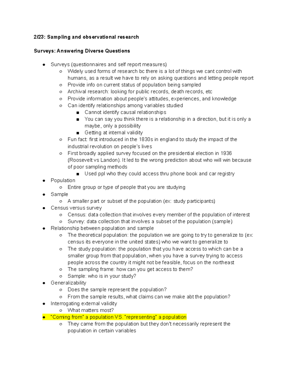 2 23- Notes - 2/23: Sampling and observational research Surveys ...