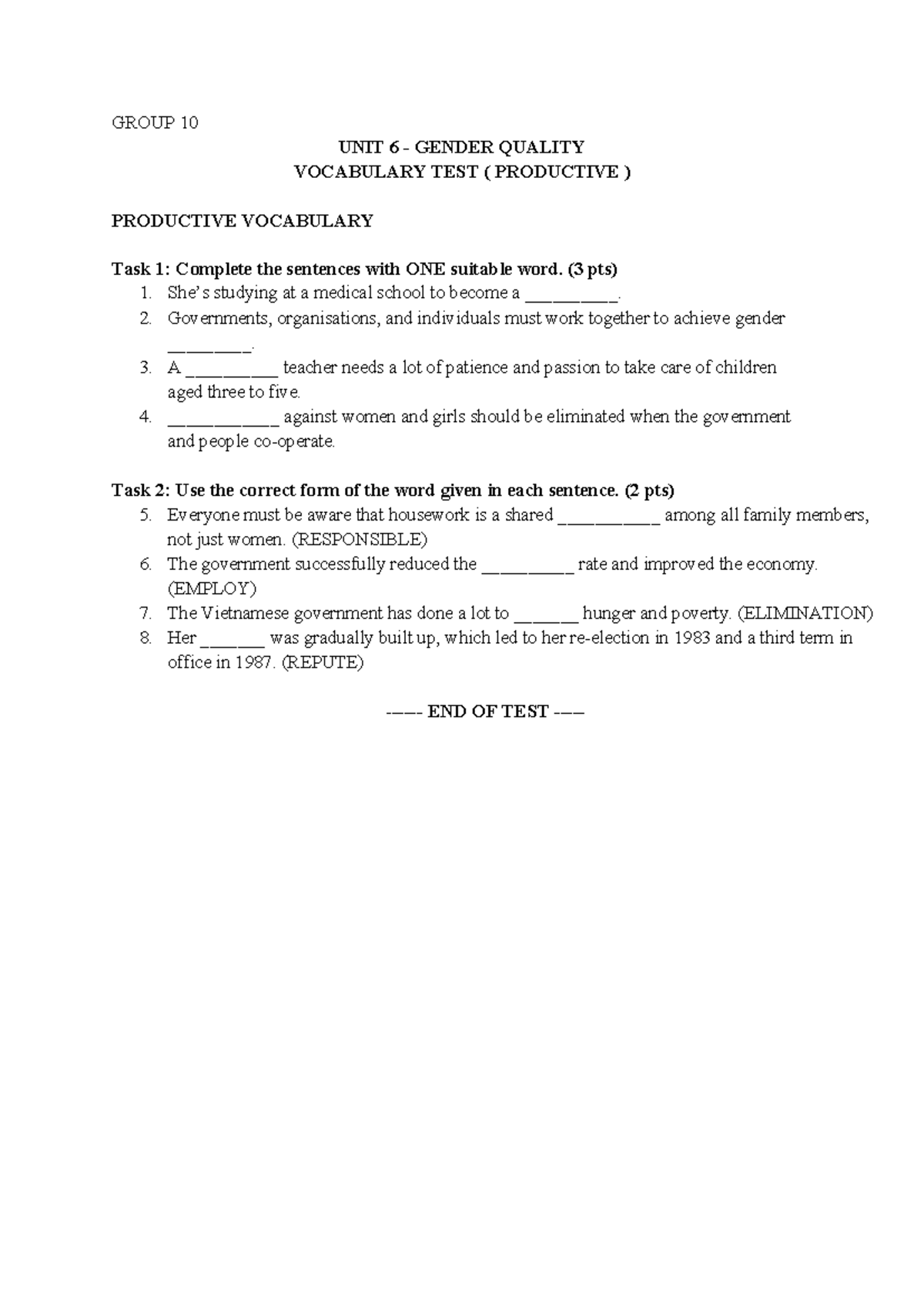 GROUP 10 UNIT 6 GENDER EQUALITY VOCABULARY & GRAMMAR TEST - Studocu