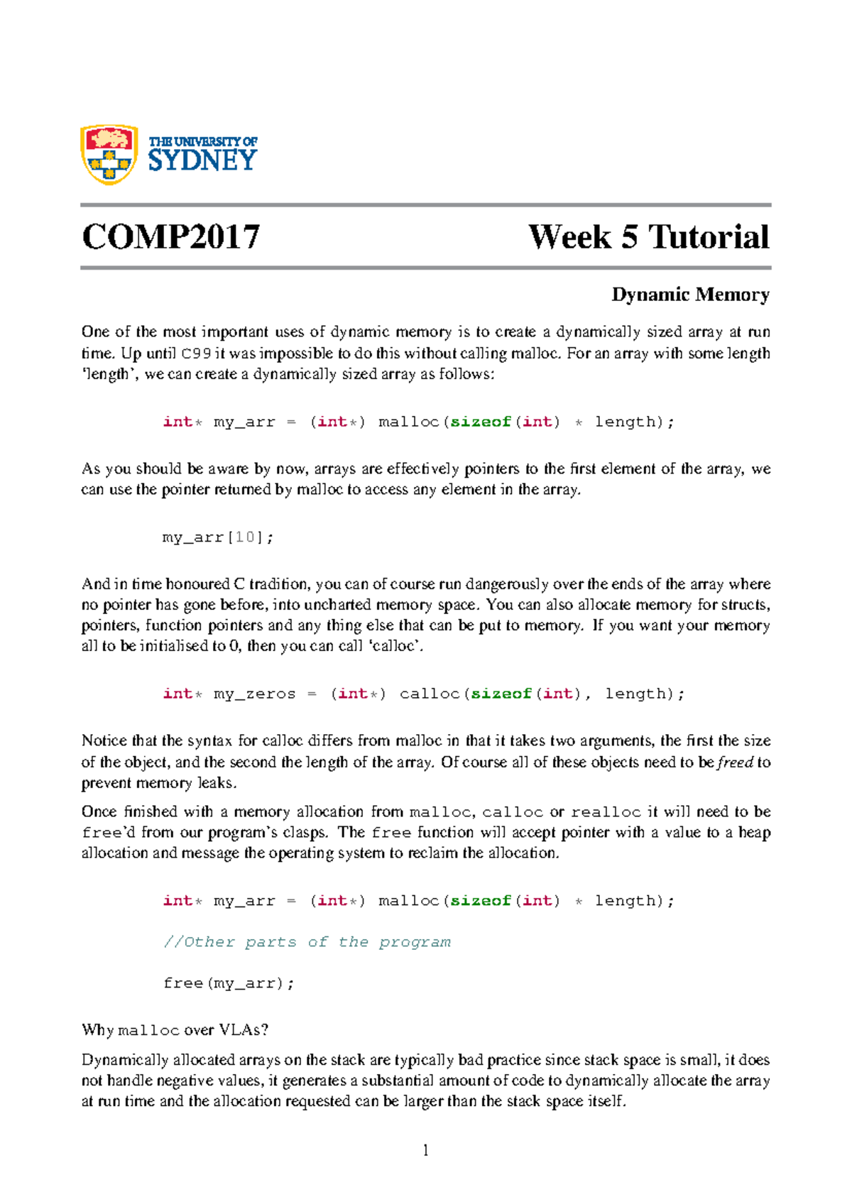 Week 5 - Dynamic Memory - COMP2017 Week 5 Tutorial Dynamic Memory One ...