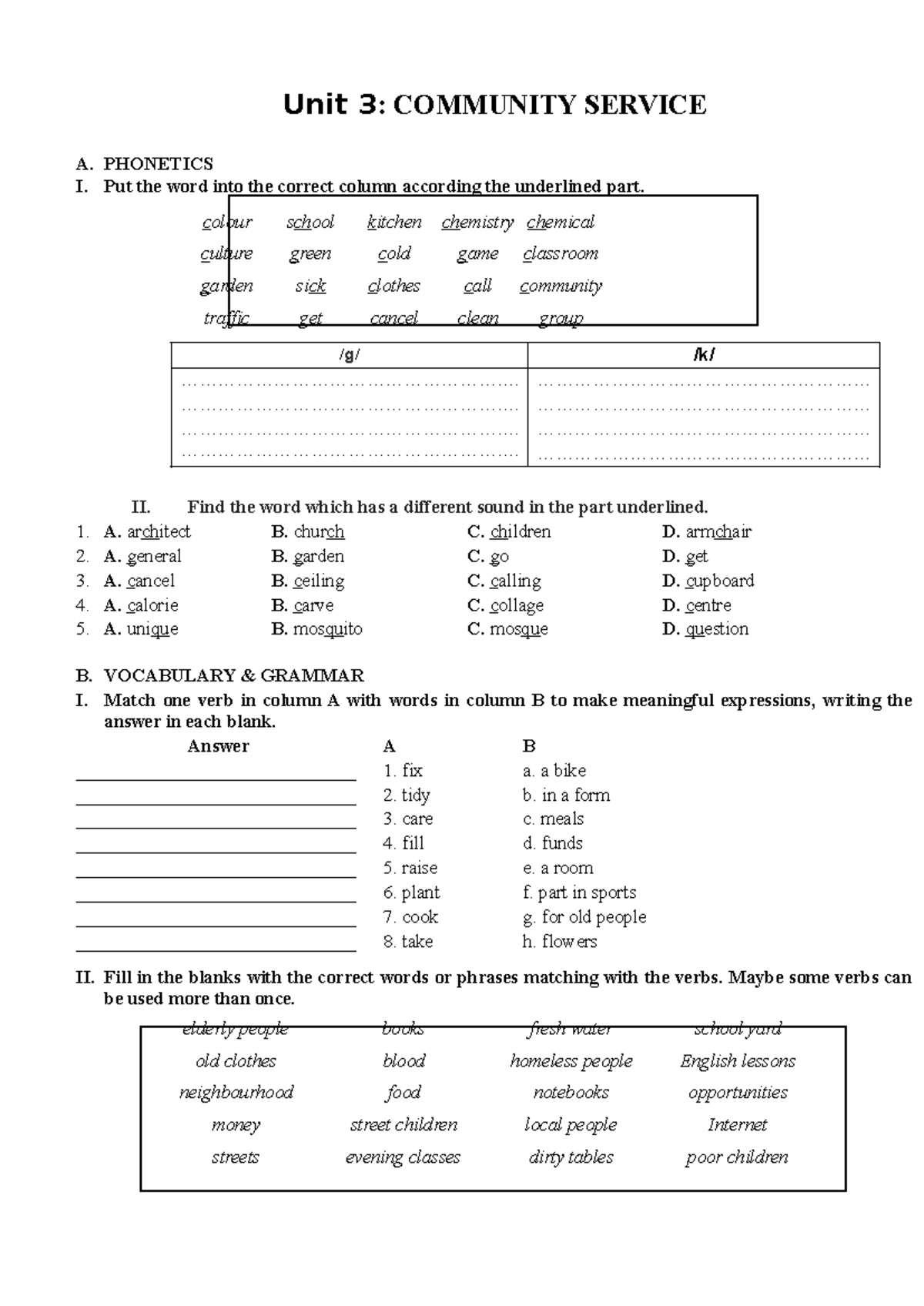 Unit 3 Community service - Unit 3: COMMUNITY SERVICE A. PHONETICS I ...