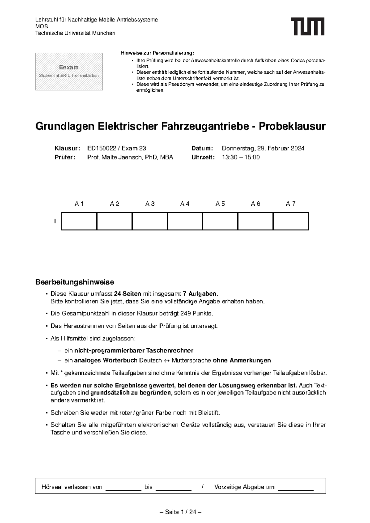 Probeklausur Grundlagen Elektrischer Fahrzeugantriebe - GEFA - Document Preview