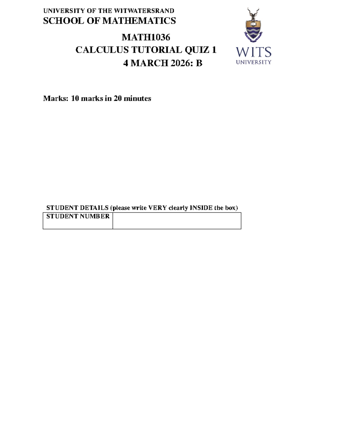MATH1036 Calculus Tutorial Quiz 1 Solutions - 4 March 2026 - Studocu