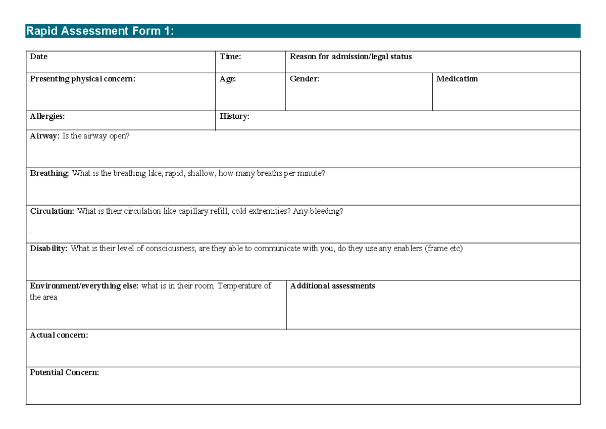 Rapid Assessment Form 1: Patient Status & Concerns Overview - Studocu