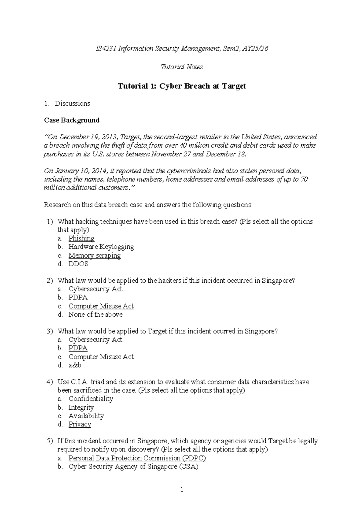 IS4231 Information Security Management: T1-T3 Tutorial Notes - Studocu