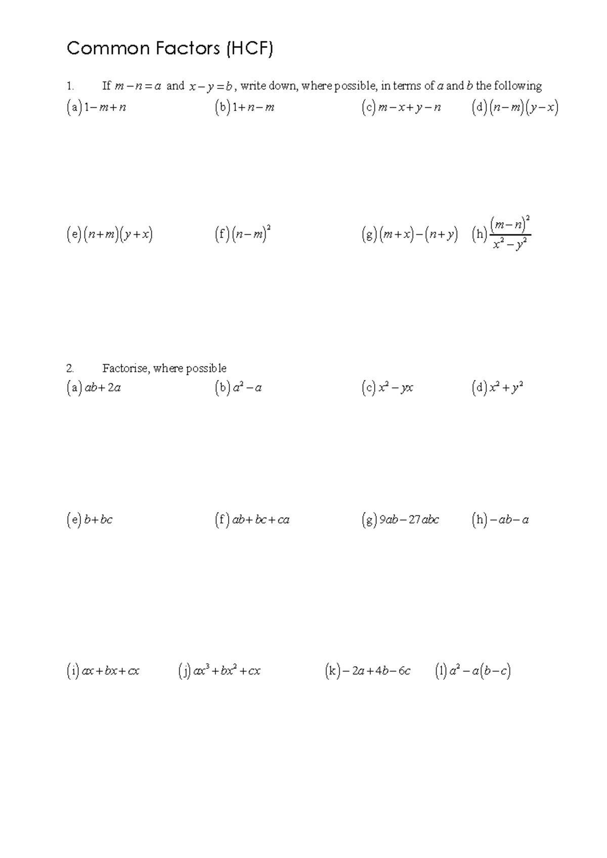 Algebraic Factors and HCF Notes (MATH101) - Studocu