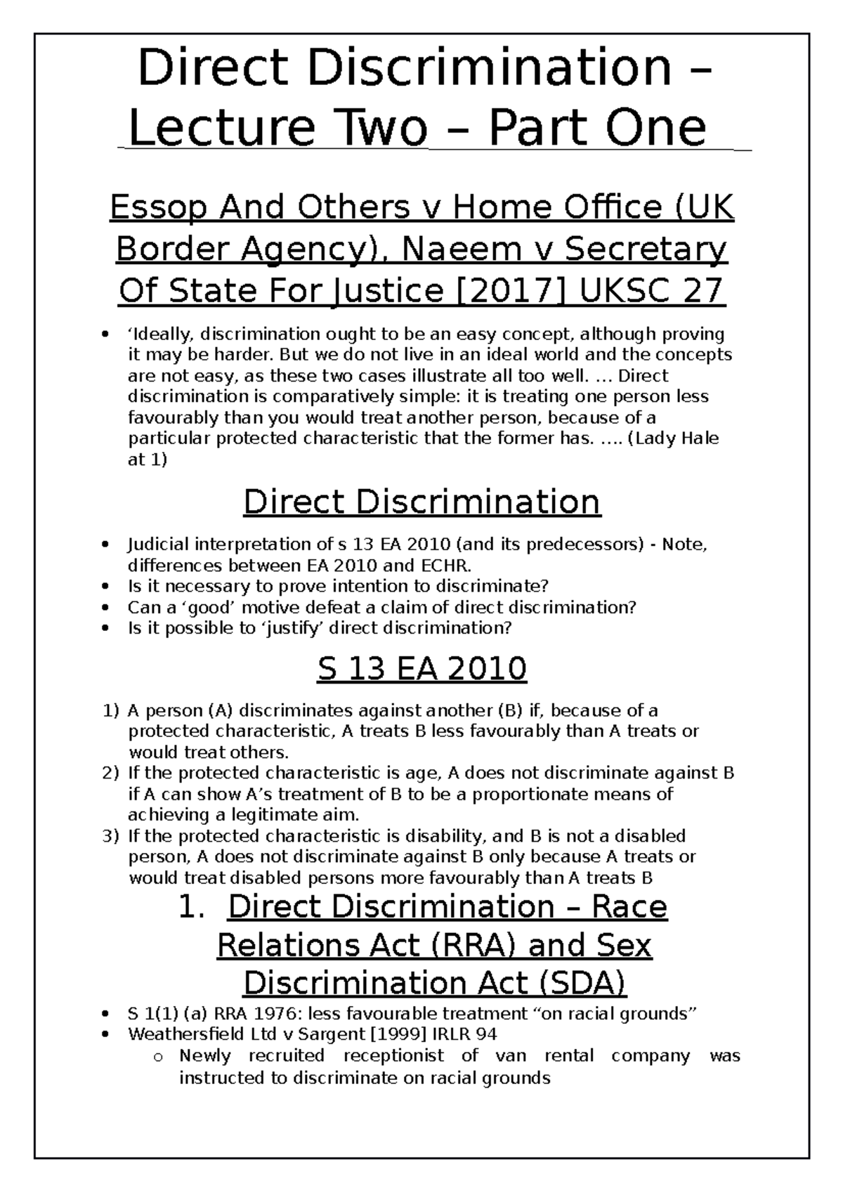 Discrimination & Law Lecture 2: Direct Discrimination Overview - Studocu
