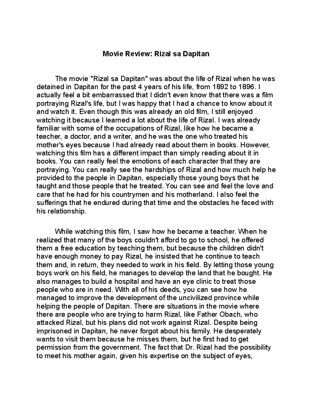 Rizal sa Dapitan: A Profound Movie Review on His Life and Legacy - Document Preview