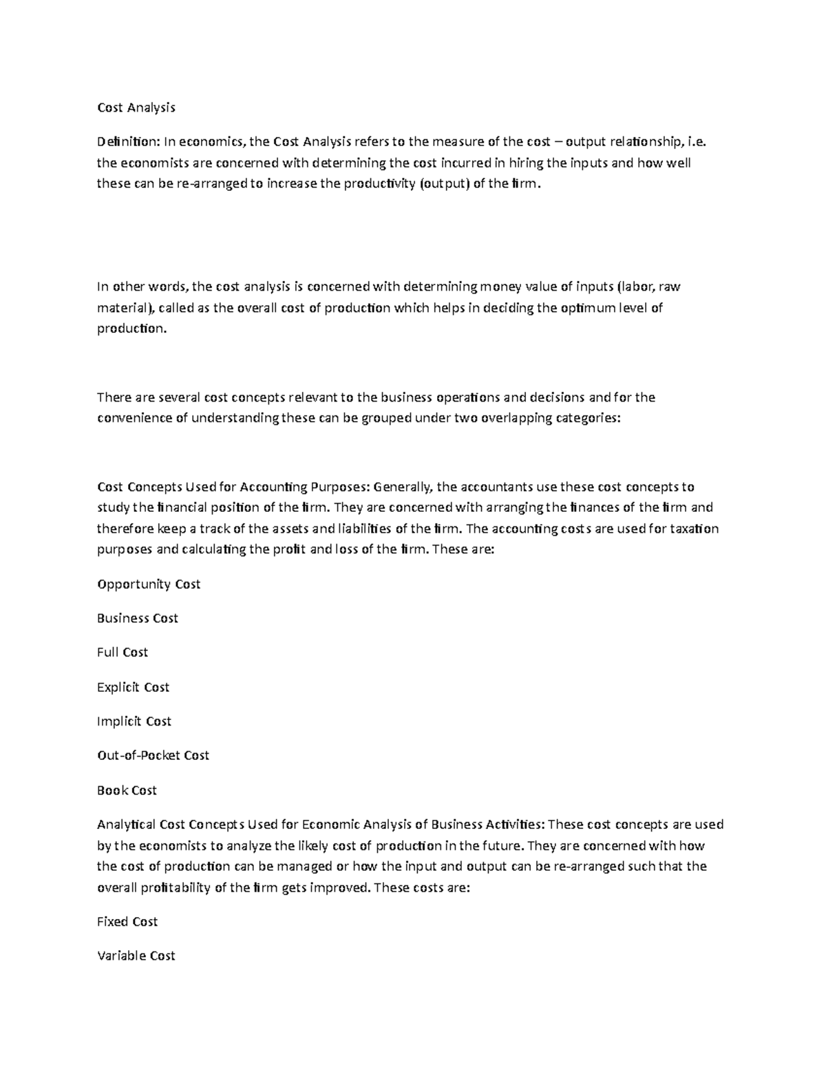 Cost Analysis and Types of Costs: Understanding Economic Impacts - Studocu