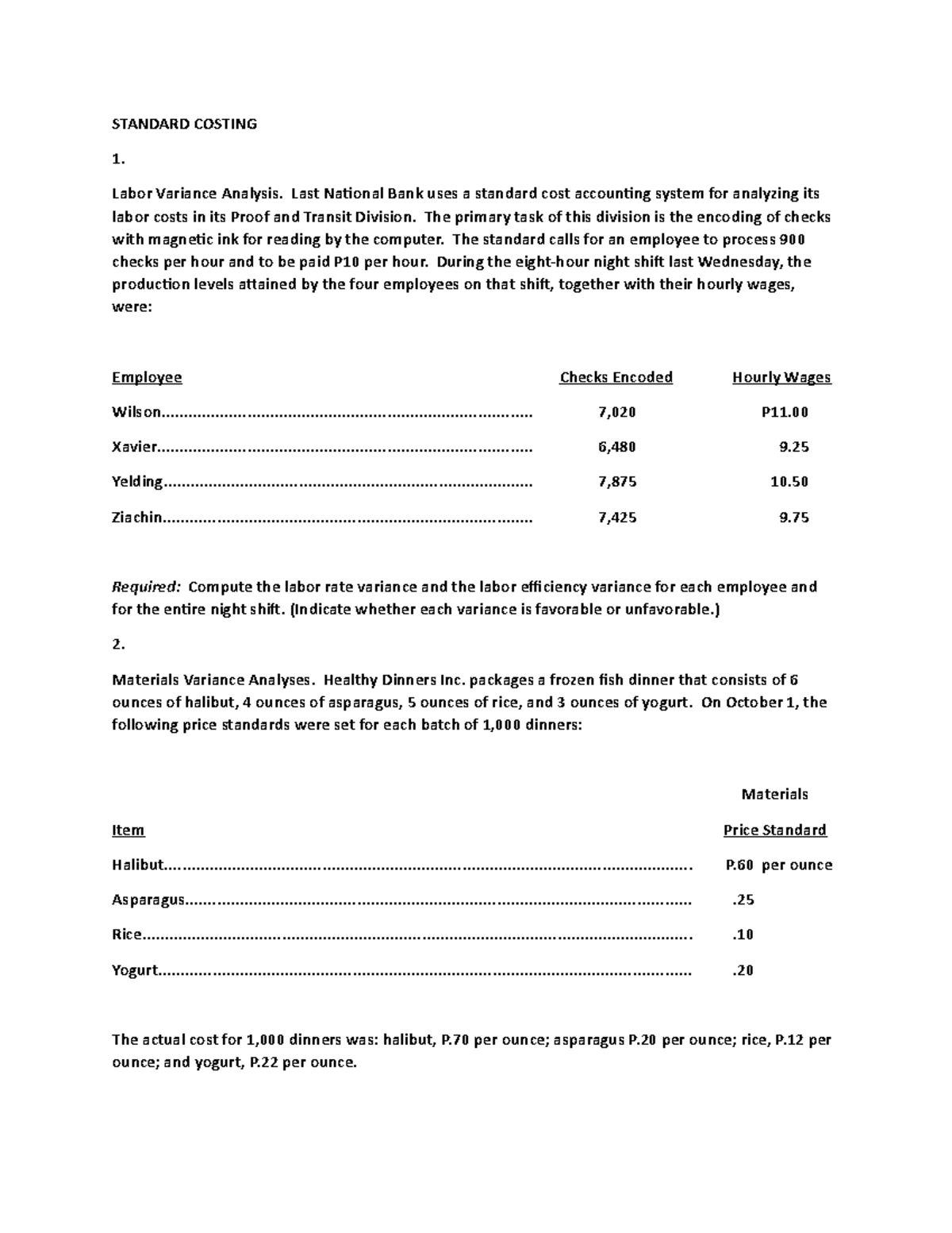Standard Costing Analysis and Labor Variance Exercises - Studocu