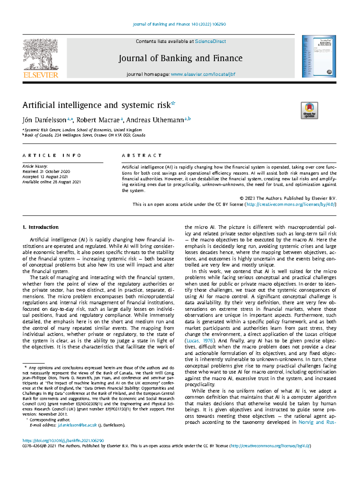 Daníelsson et al. - 2022 - Artificial intelligence and systemic risk ...