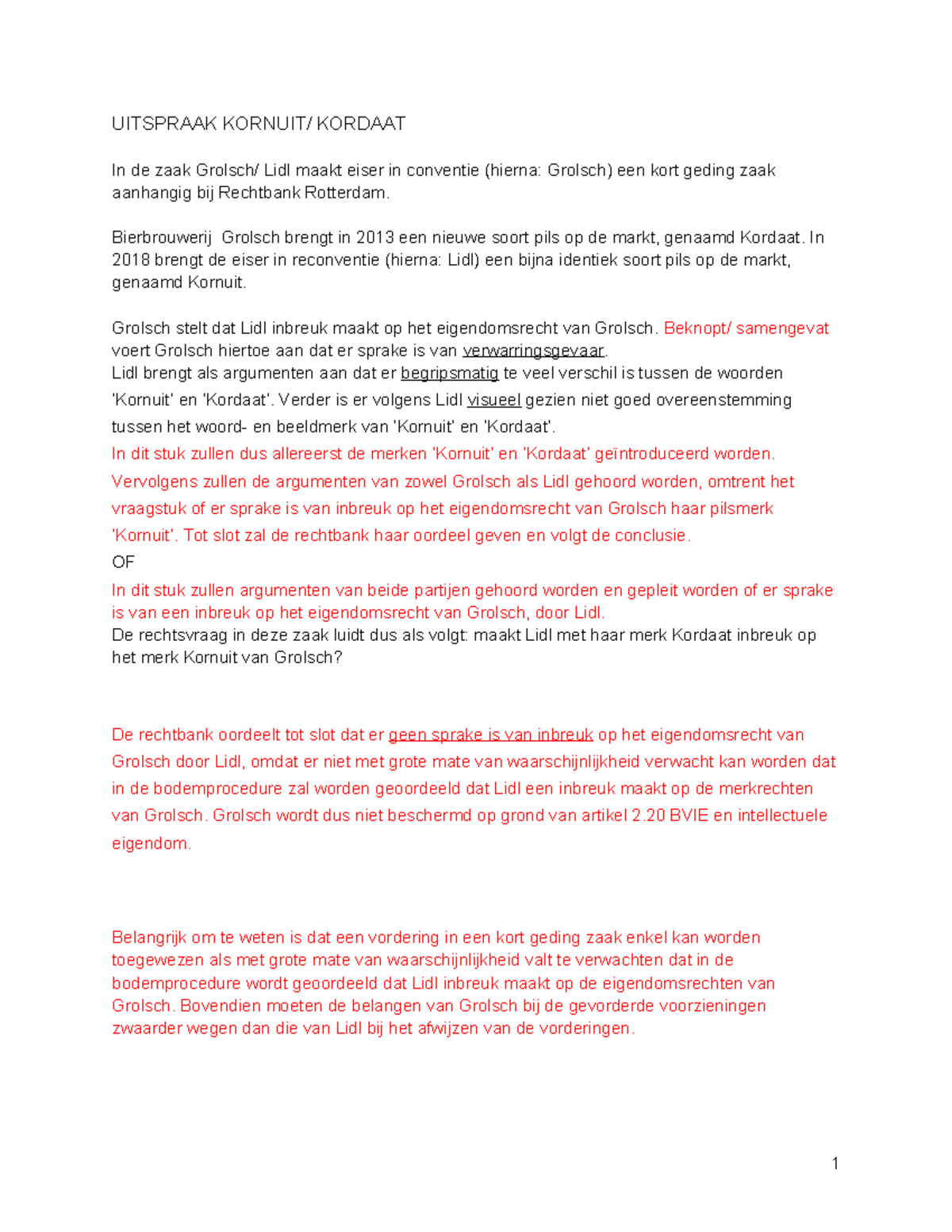UITSPRAAK KORDAAT: Grolsch vs. Lidl - Merkinbreuk Kort Geding - Studeersnel