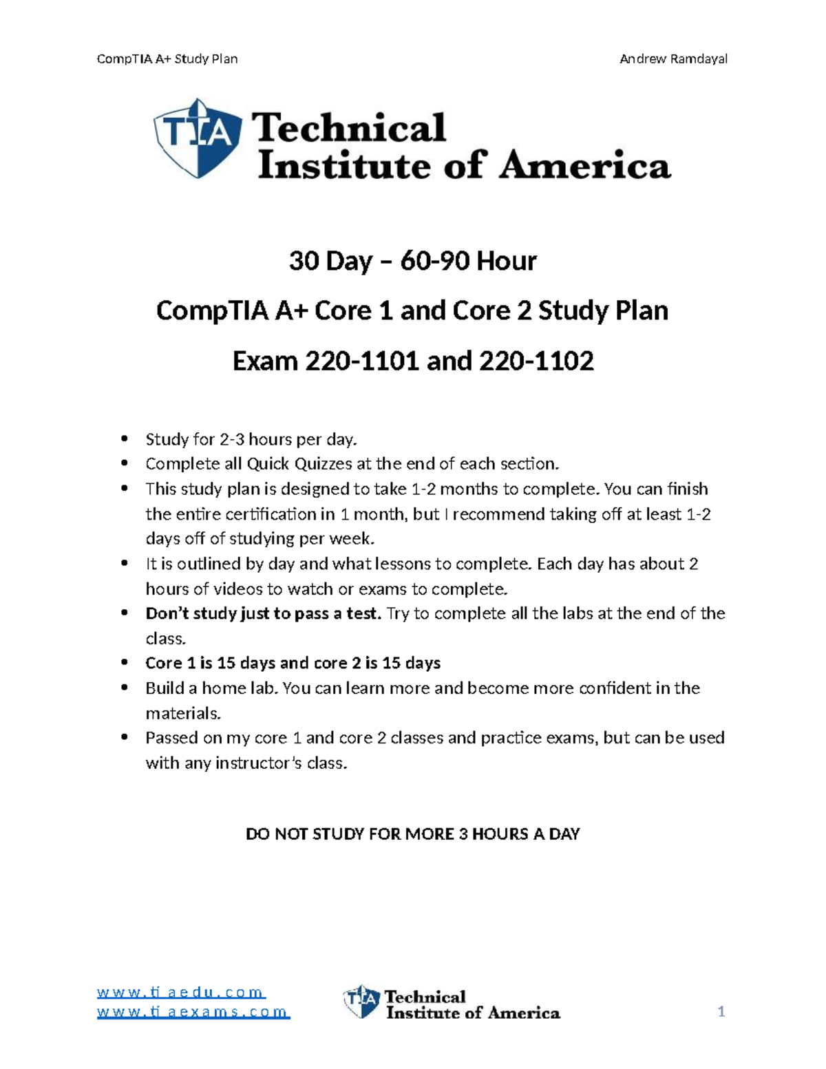 CompTIA A+ 30-Day Study Plan for Core 1 & Core 2 Exams - Studocu