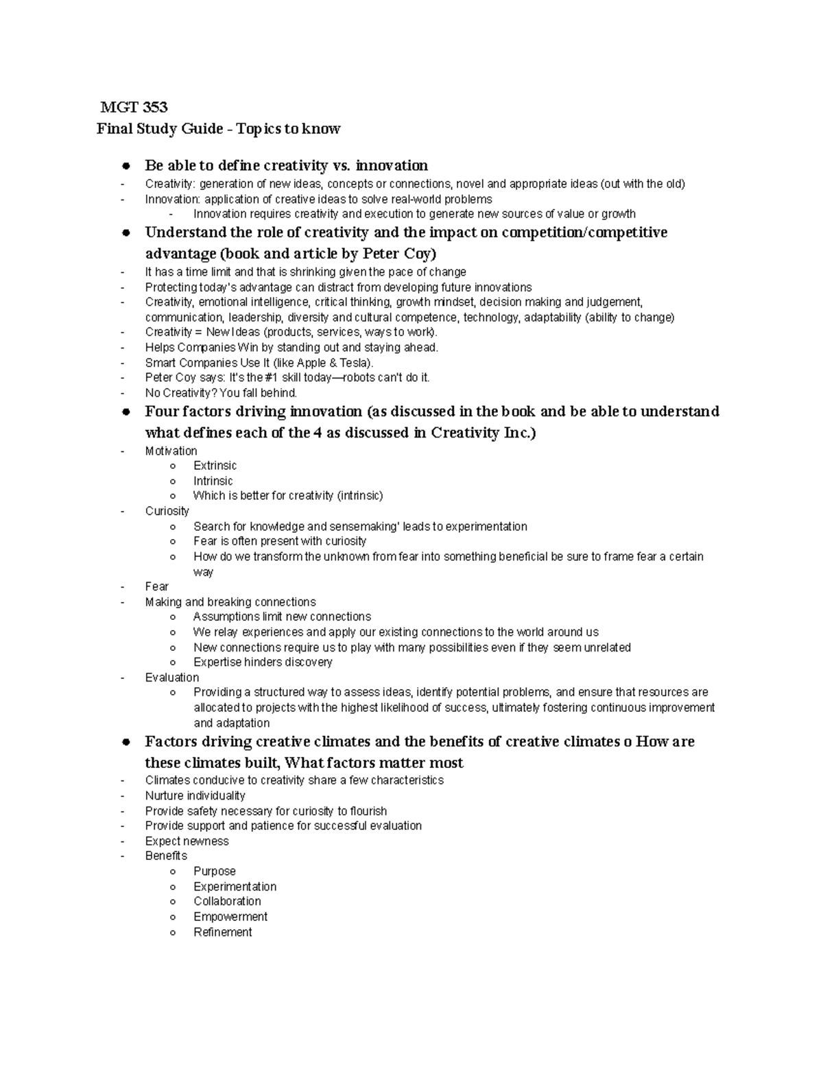MGT 353 Final Exam Study Guide: Key Concepts in Creativity & Innovation ...