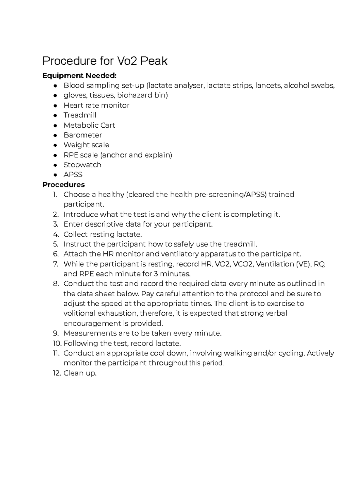 Physiology - Vo2 Peak Testing Procedure and Equipment Guide - Studocu