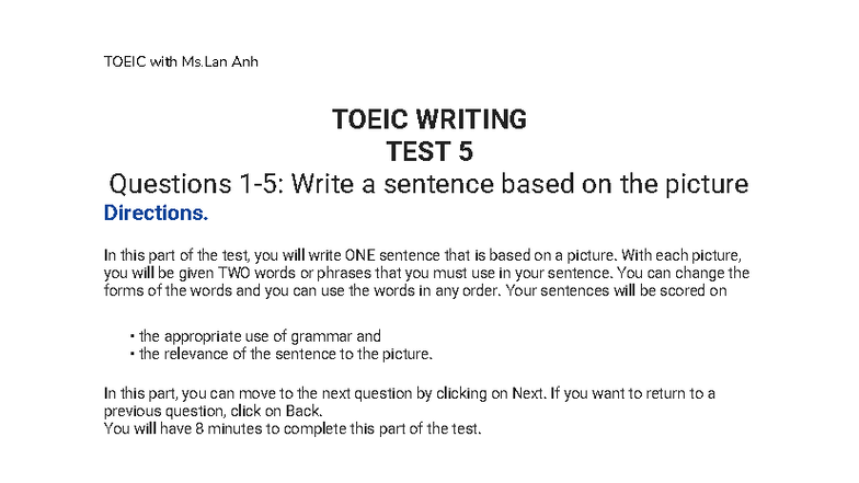 TOEIC Writing Test 5 with Ms. Lan Anh: Sentence & Essay Practice - Studocu