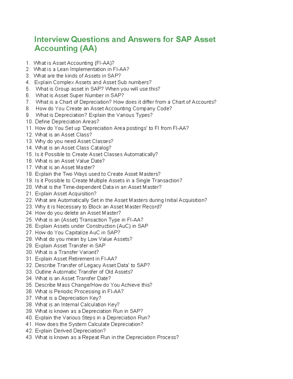 FICO-Interview Questions & Answers for SAP Asset Accounting (AA) - Studocu