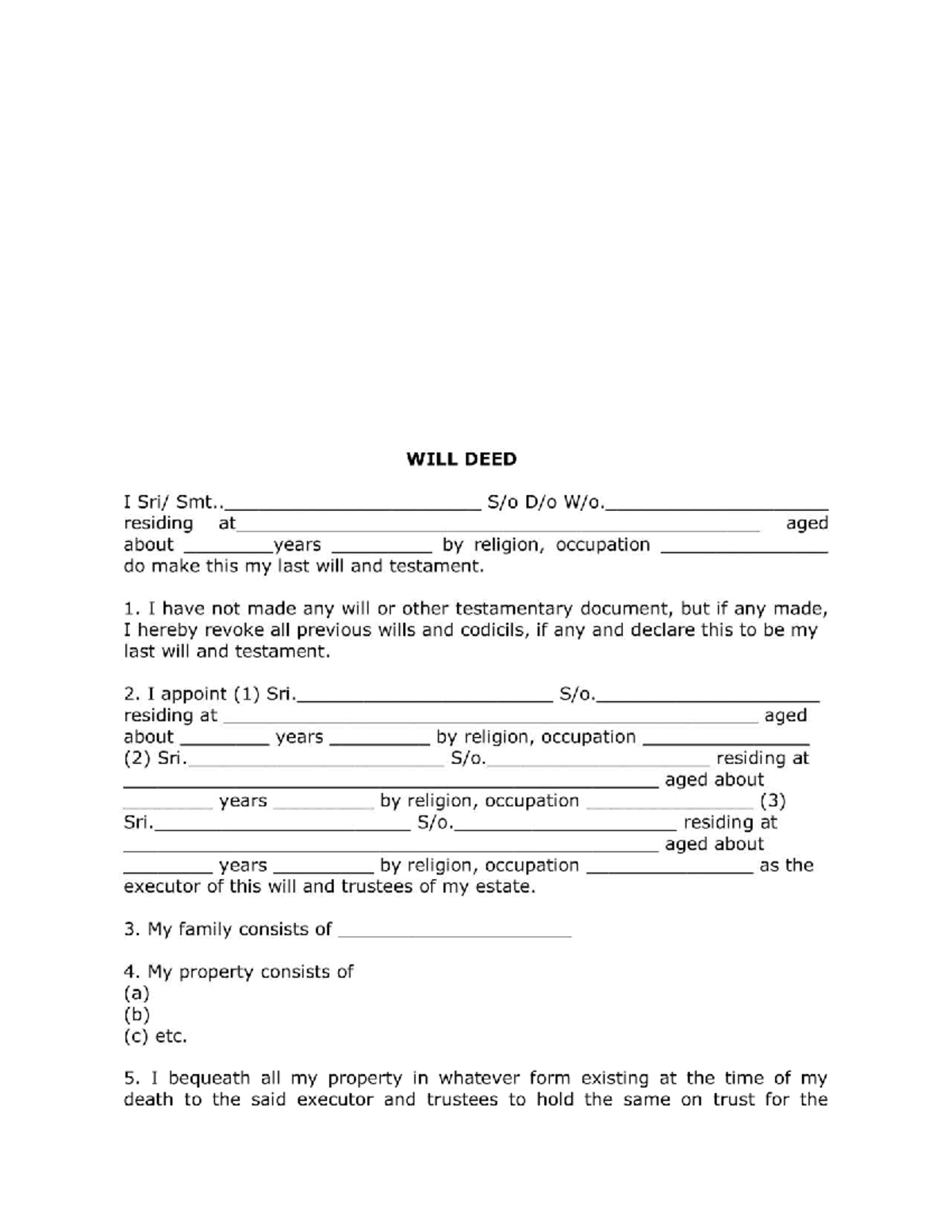 Will Deed Format: Last Will & Testament Template - Studocu