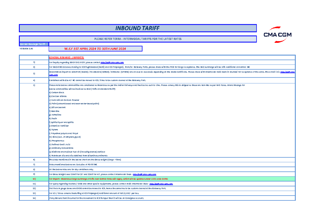 CMA IHC Tariff Rates for Import Cargo (April - June 2024) - Studocu