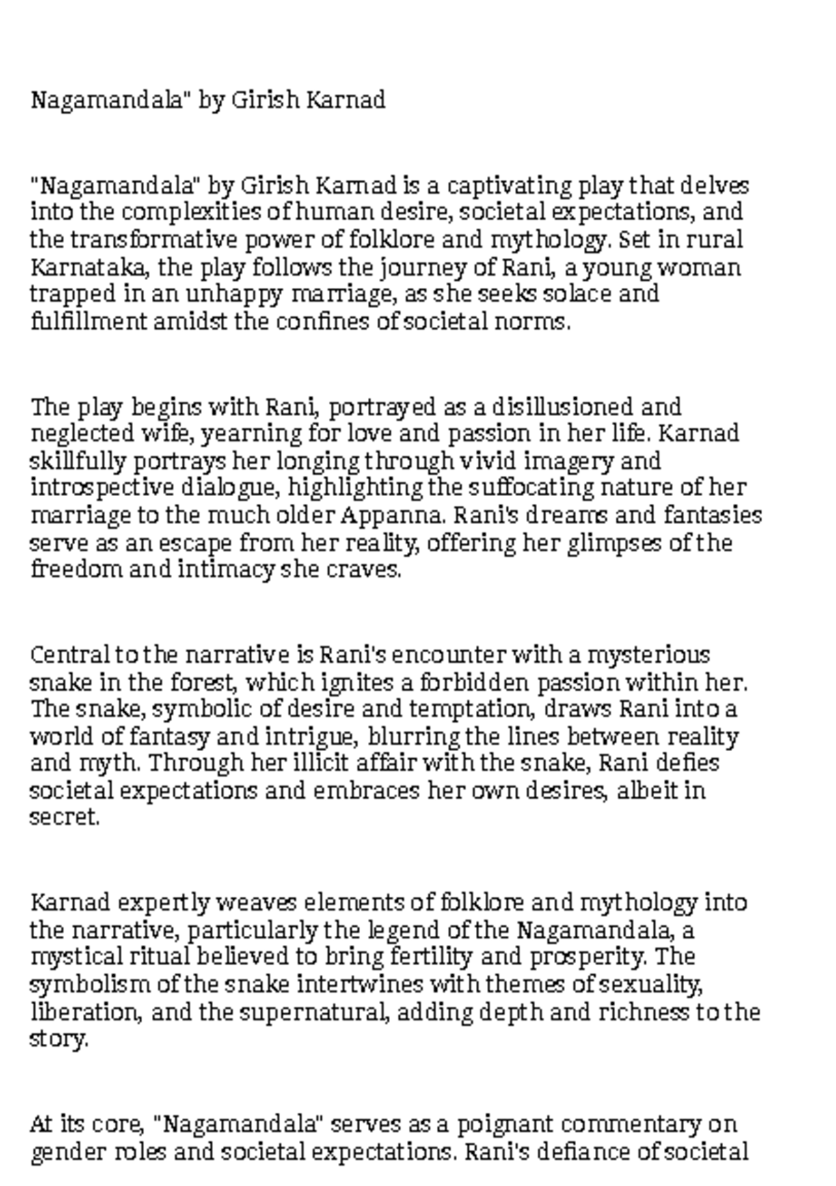 Nagamandala Analysis: Themes of Desire and Gender Roles in Karnad - Document Preview