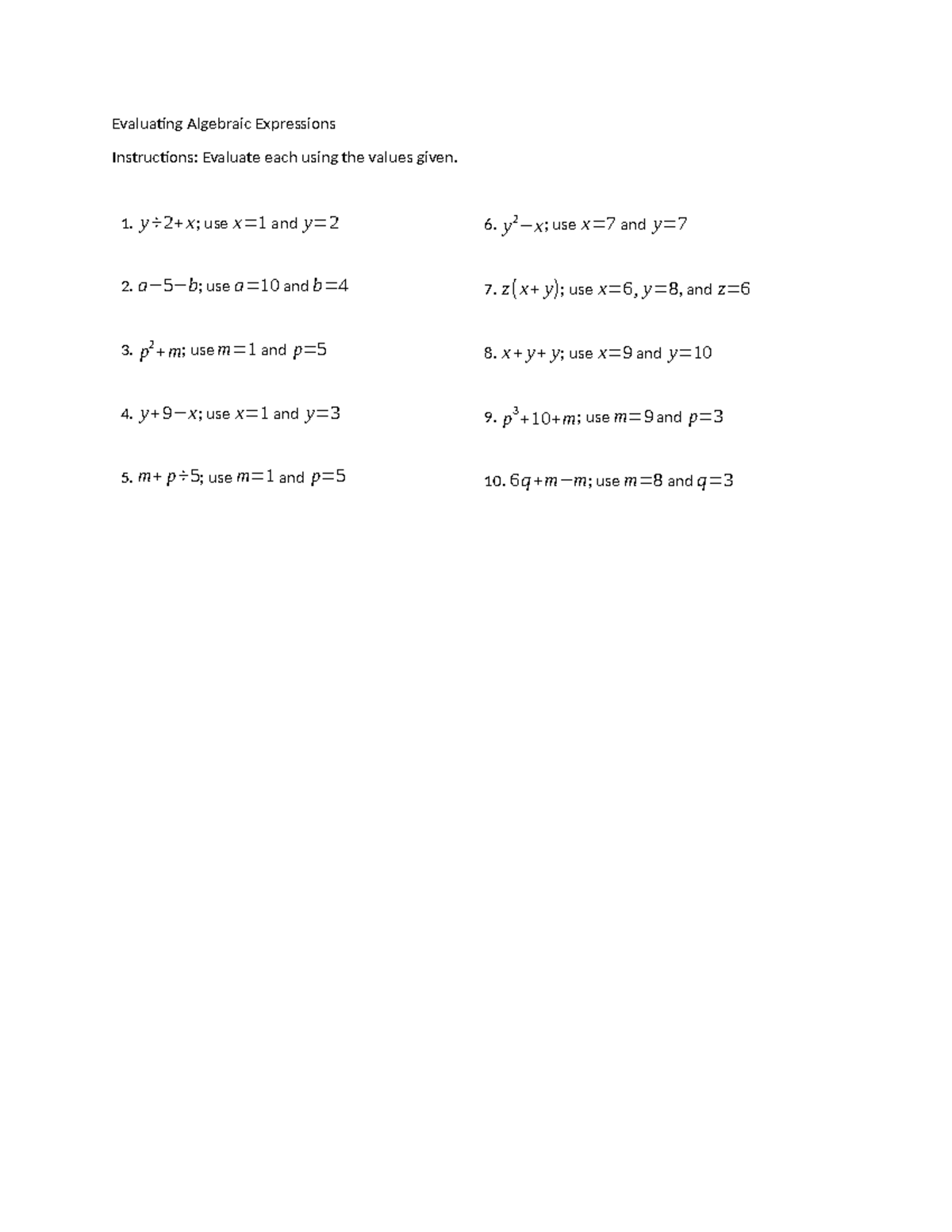 WS for Grade 7 Math - Worksheet - College Algebra - Evaluating ...
