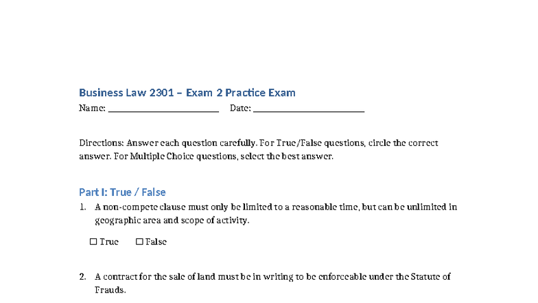 Business Law 2301 Exam 2 Practice Questions and Answers - Studocu