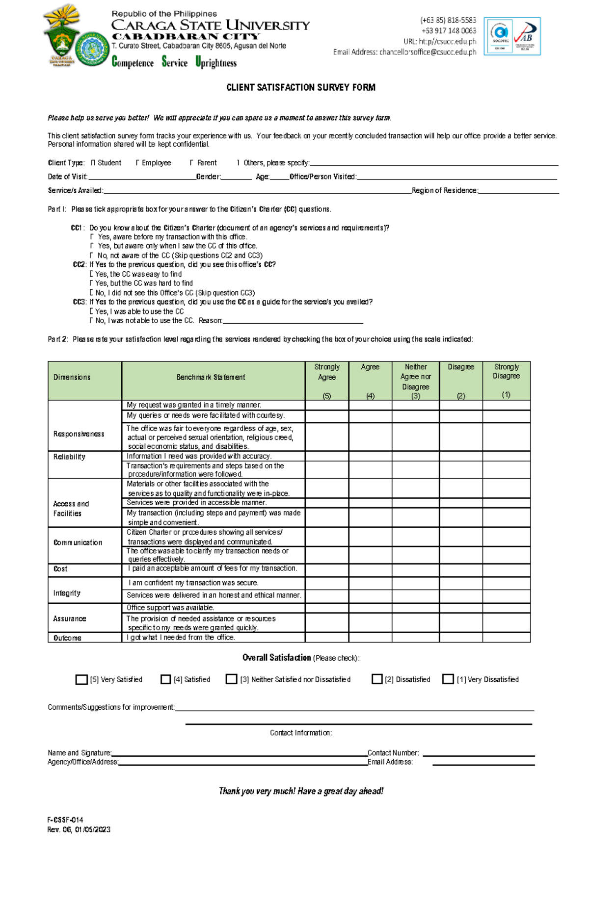 F-CSSF-014 Citizen Client Satisfaction Survey Form 2023 Edition - Studocu