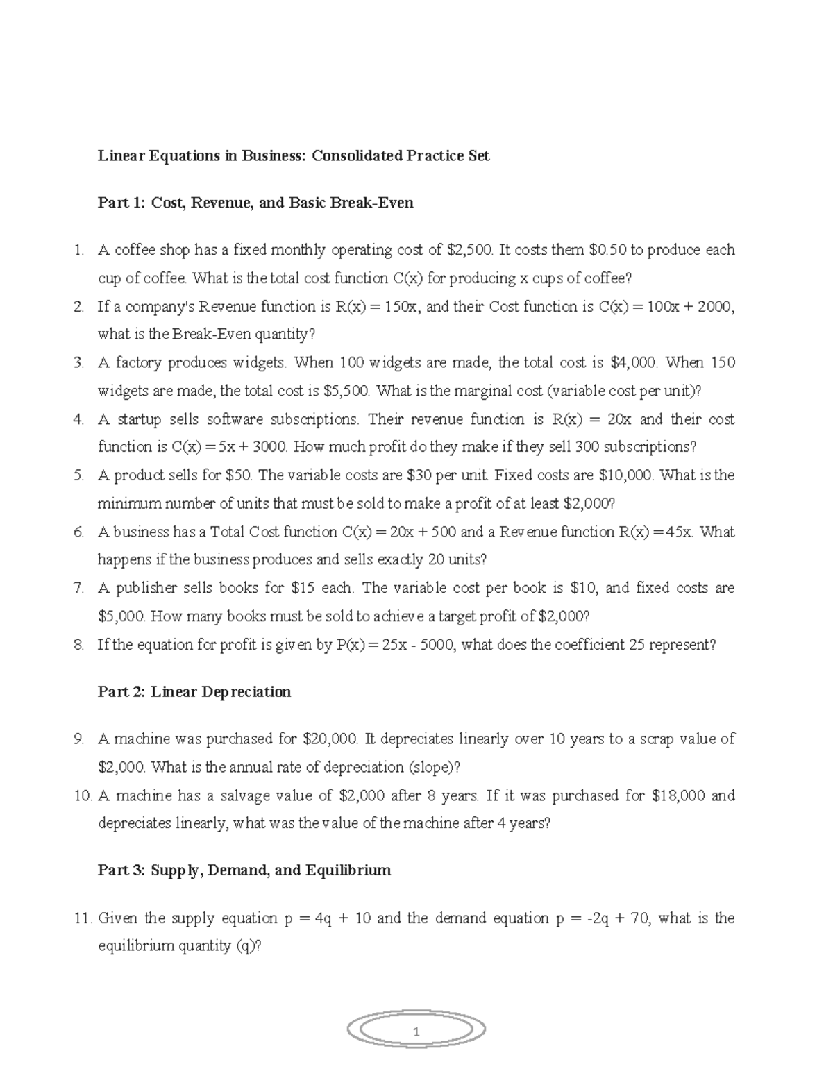 Linear Equations in Business: Practice Set Part 1 - Cost & Revenue ...