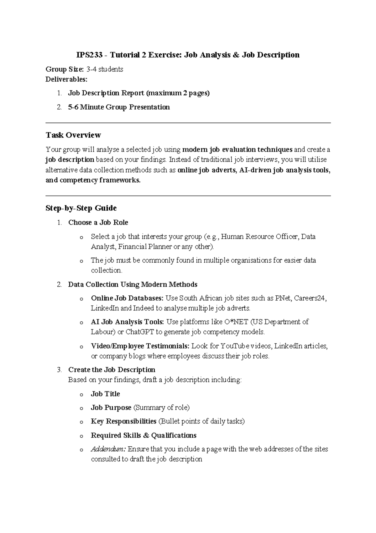 IPS233 Tut 2 assignment (Job description and presentation) - IPS233 ...