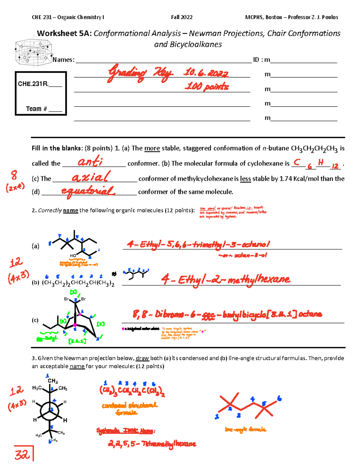 CHE 231 Worksheet 5A - KEY: Conformational Analysis & Projections - Studocu