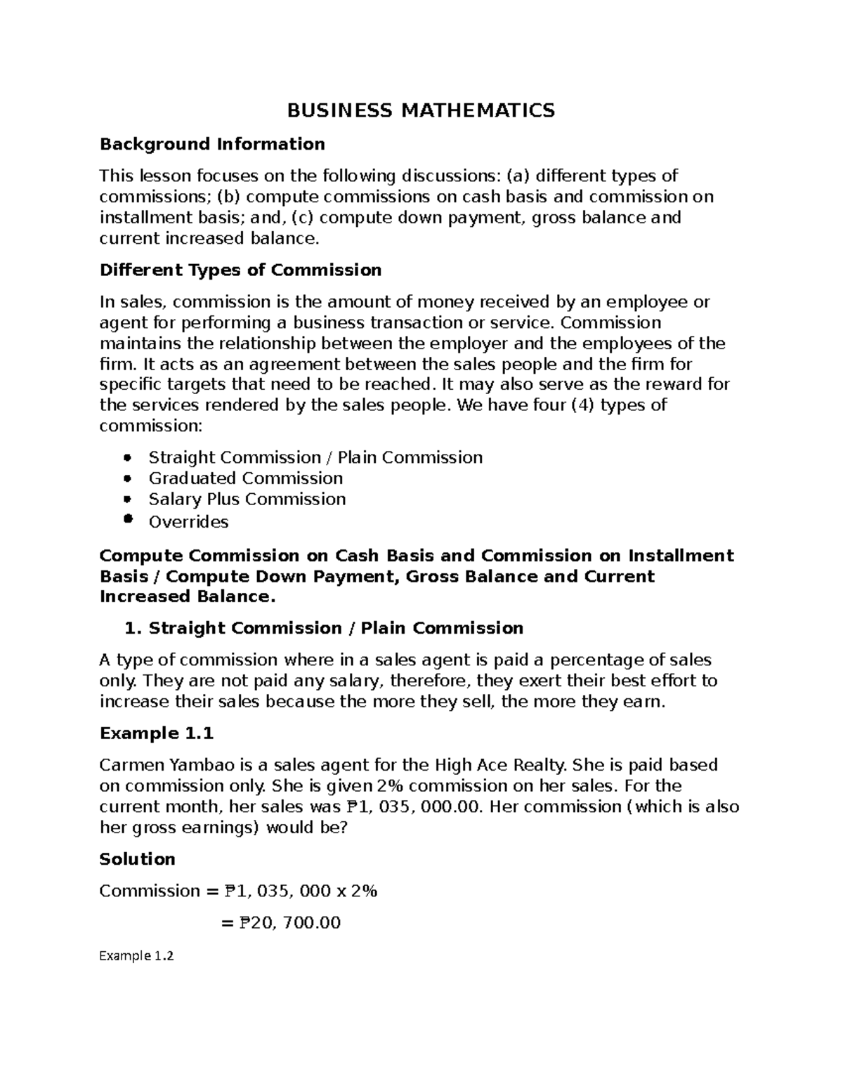 Business Math Lecture 1 - BUSINESS MATHEMATICS Background Information ...