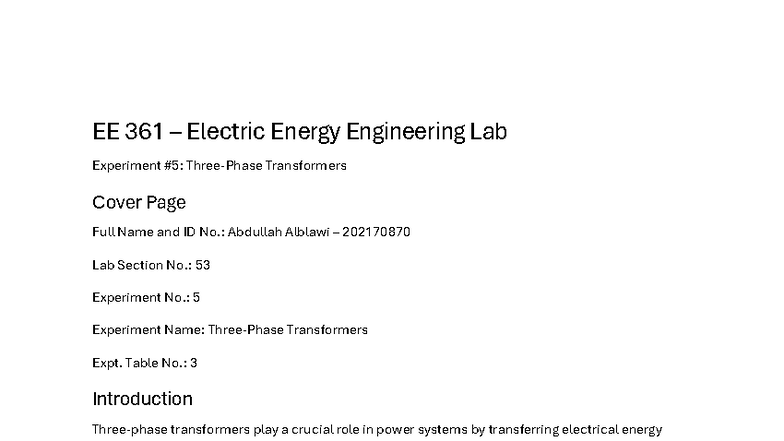 EE 361 Final Lab Report: Transformer Experiment Analysis - Studocu