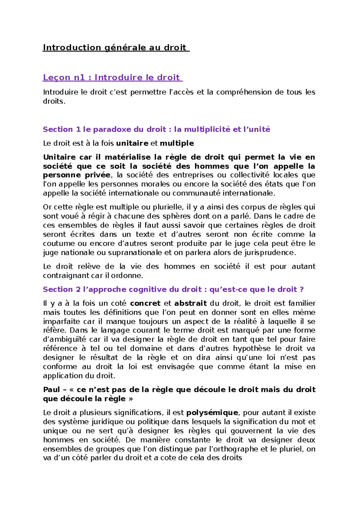 Leçon 1 - Introduction au Droit : Multiplicité et Unité - Studocu