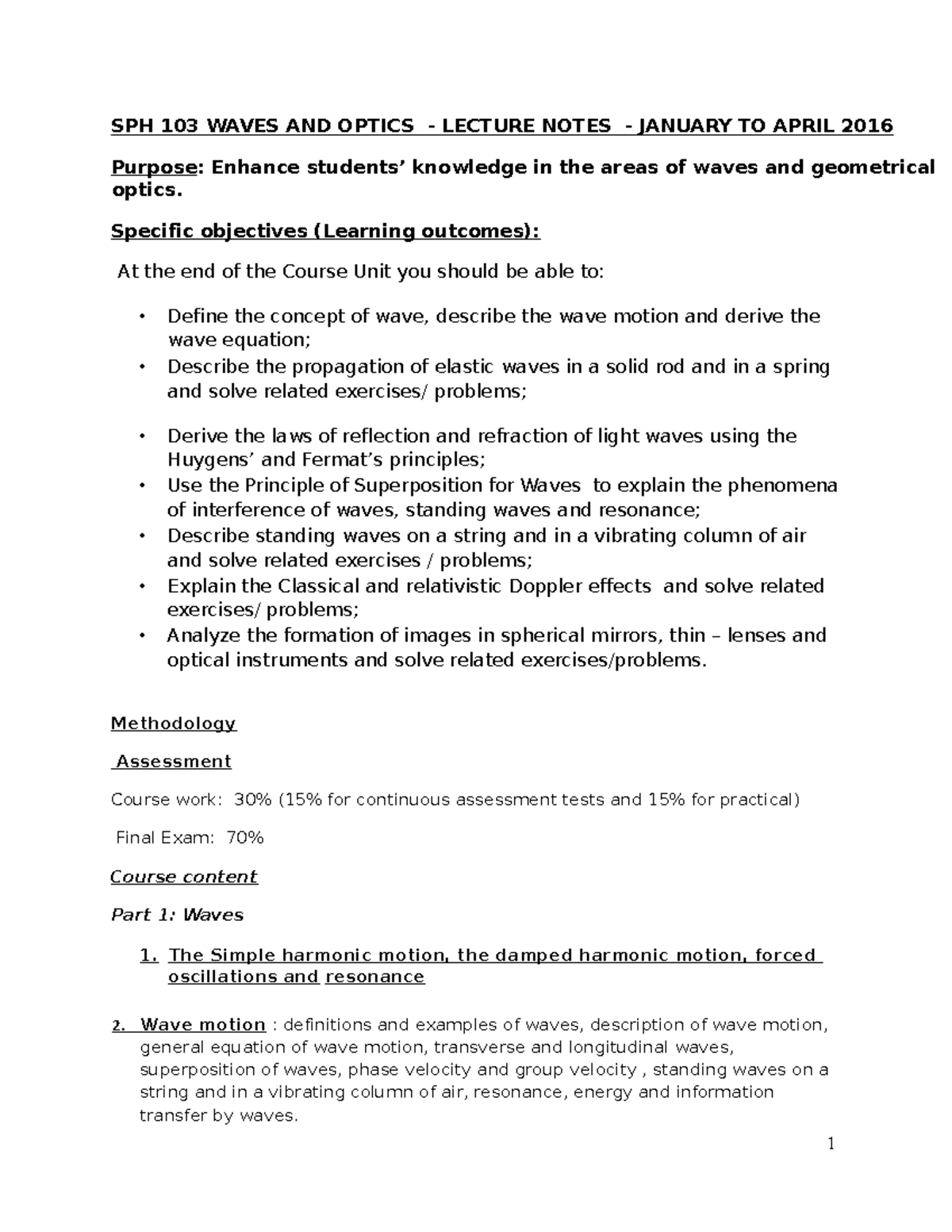 SPH 103 Waves and Optics - Lecture Notes (Jan-April 2016) - Studocu