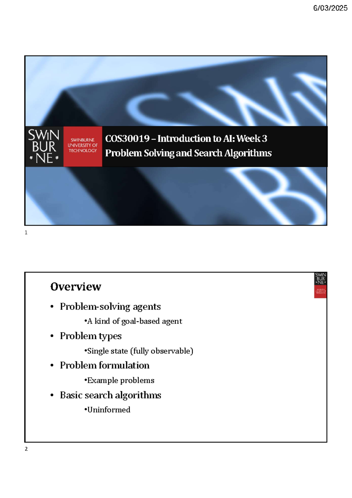 COS30019 Introduction to AI: Week 3 Problem Solving & Search Algorithms ...