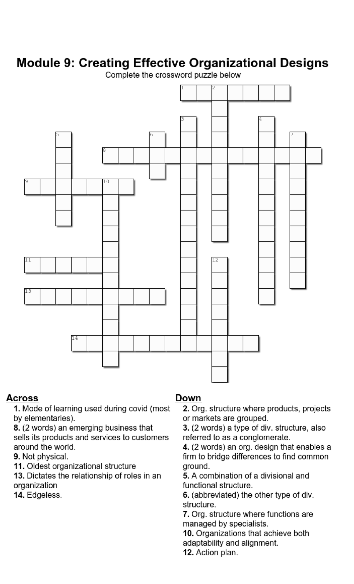 Module 9 Crossword Puzzle: Org. Design Concepts Exploration - Studocu