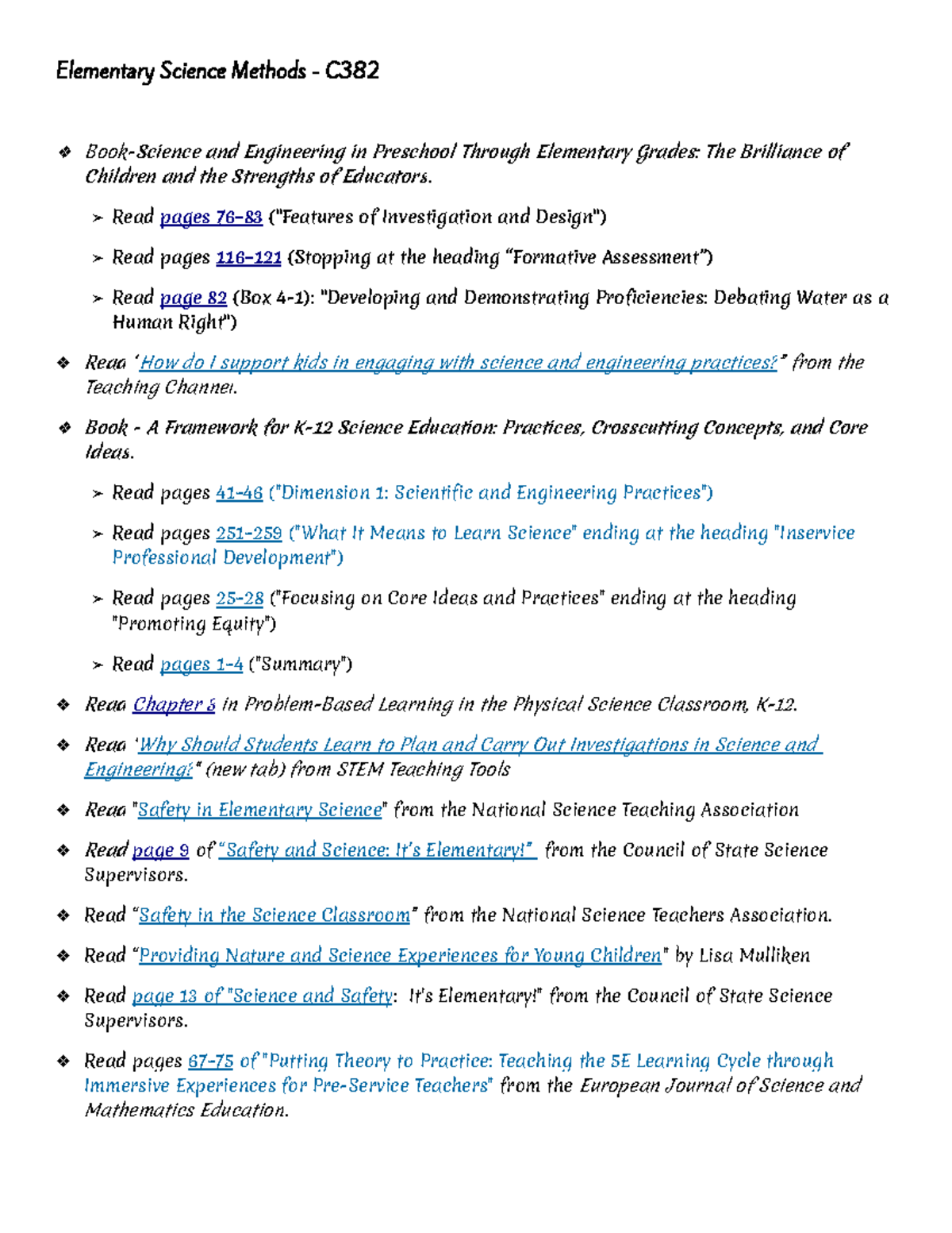 C382 Elementary Science Methods List of Reading and Videos - Elementary ...