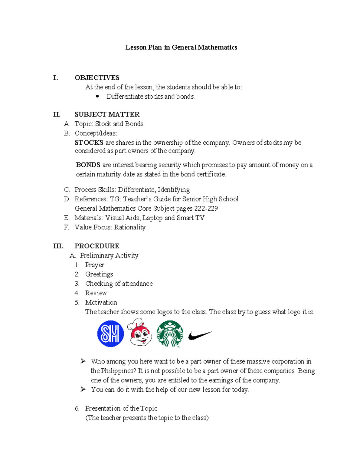 COT stocks and bonds lesson plan - Lesson Plan in General Mathematics I ...