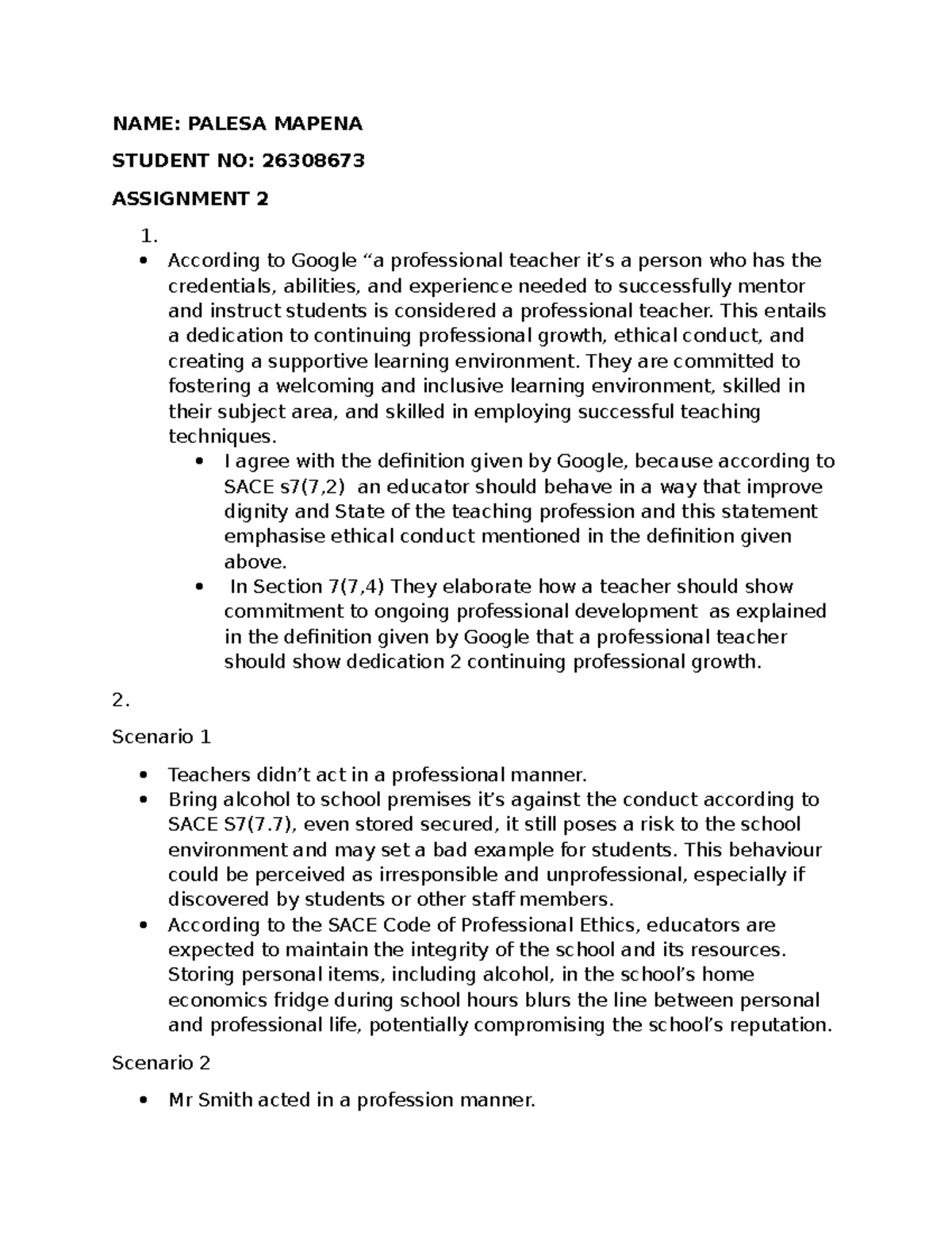 Assignment 2 - Professional Teacher Conduct Analysis - Studocu