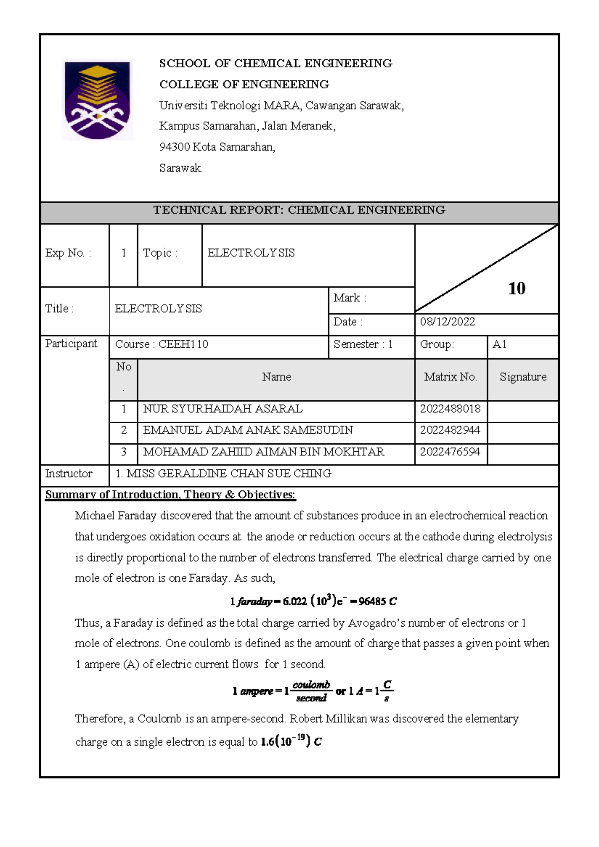 LAB REPORT CEEH110: ELECTROLYSIS EXPERIMENT ANALYSIS - Studocu