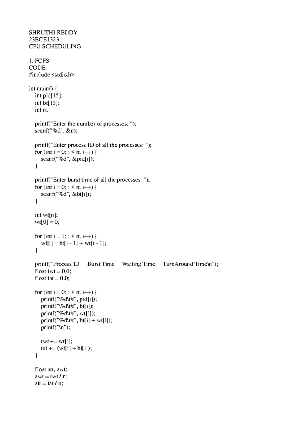 CPU Scheduling Notes - SHRUTHI REDDY 23BCE1323 - Studocu
