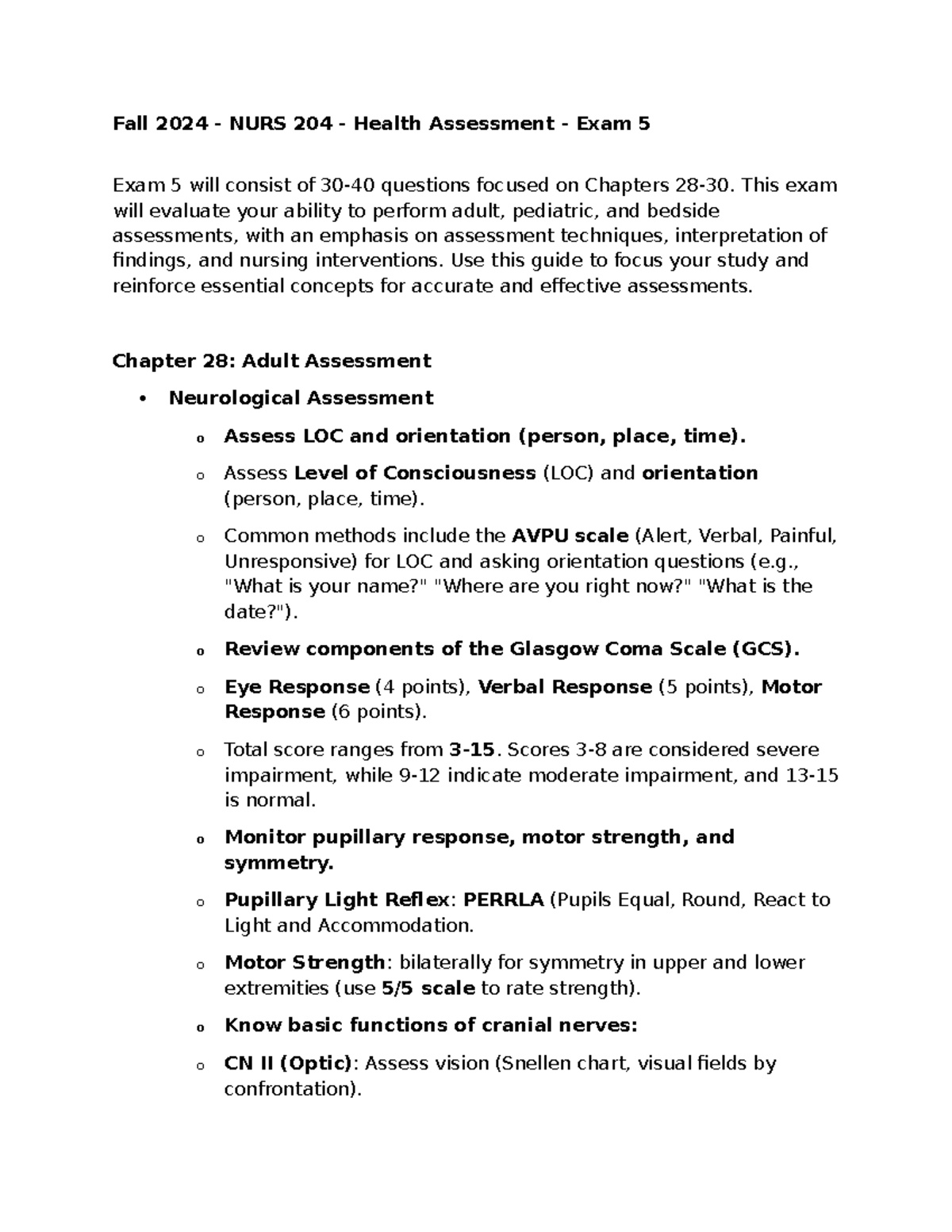 NURS 204 Fall 2024 - Health Assessment Exam 5 Study Guide - Fall 2024 ...