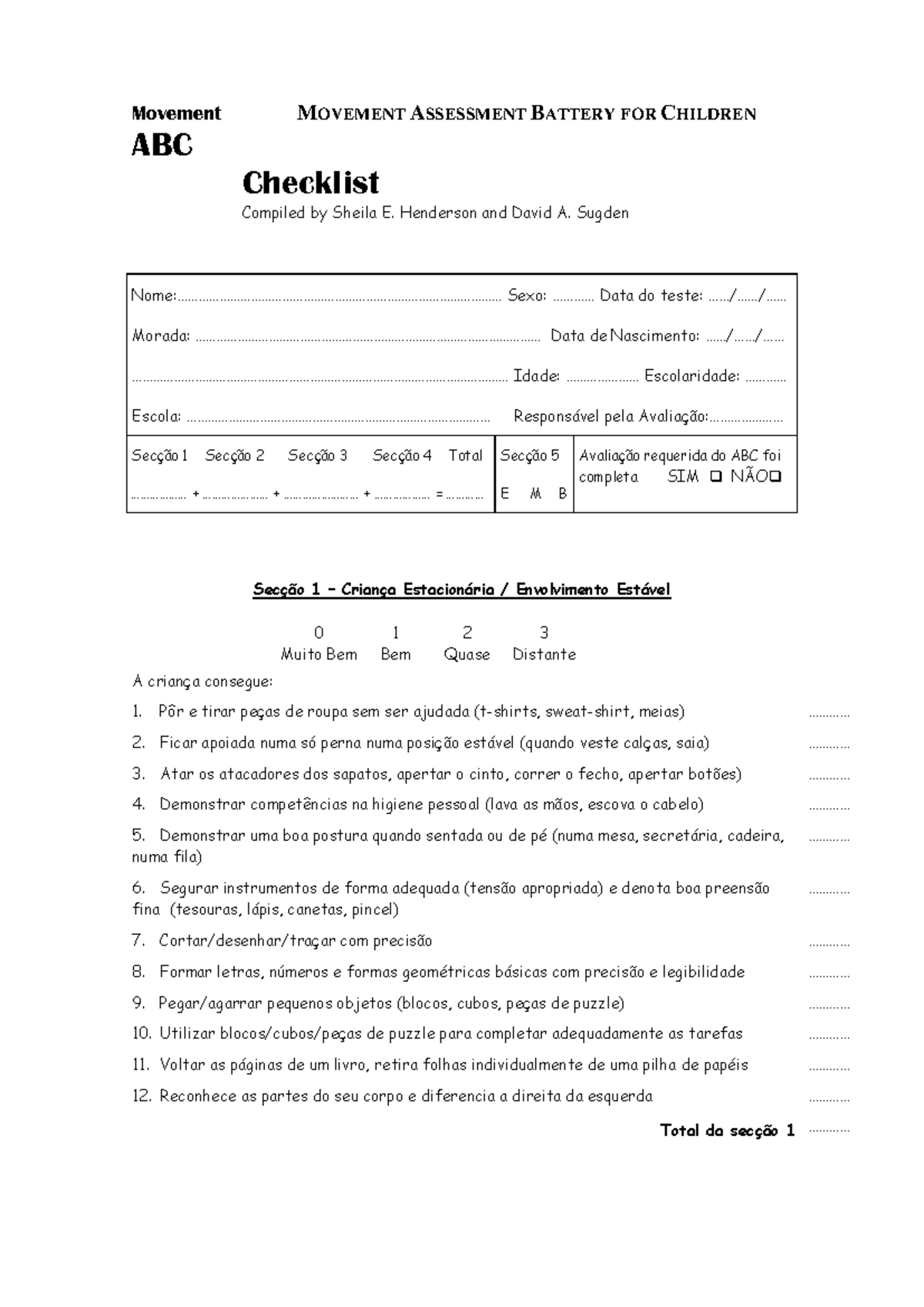 Movement Assessment Battery for Children: ABC Checklist - Studocu
