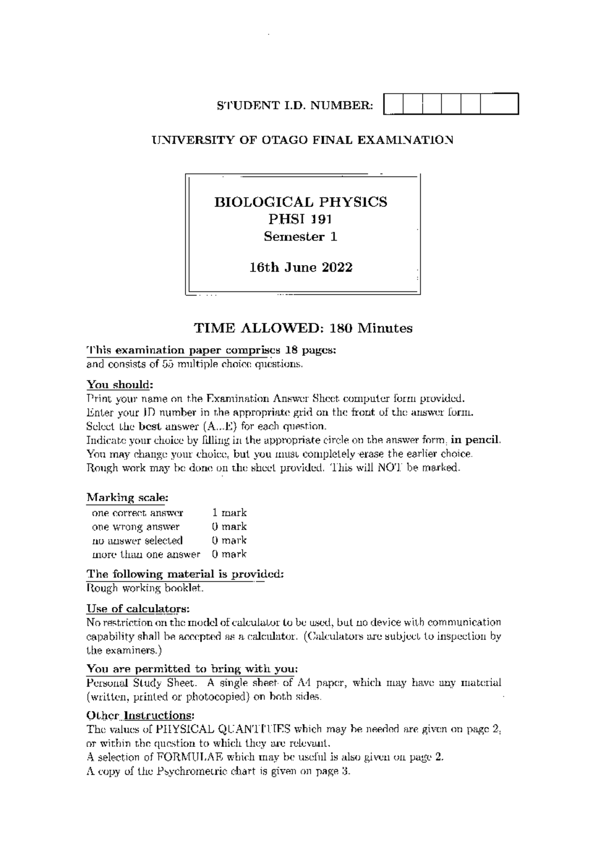 PHSI 191 Final Exam Paper: Biological Physics - June 16, 2022 - Studocu