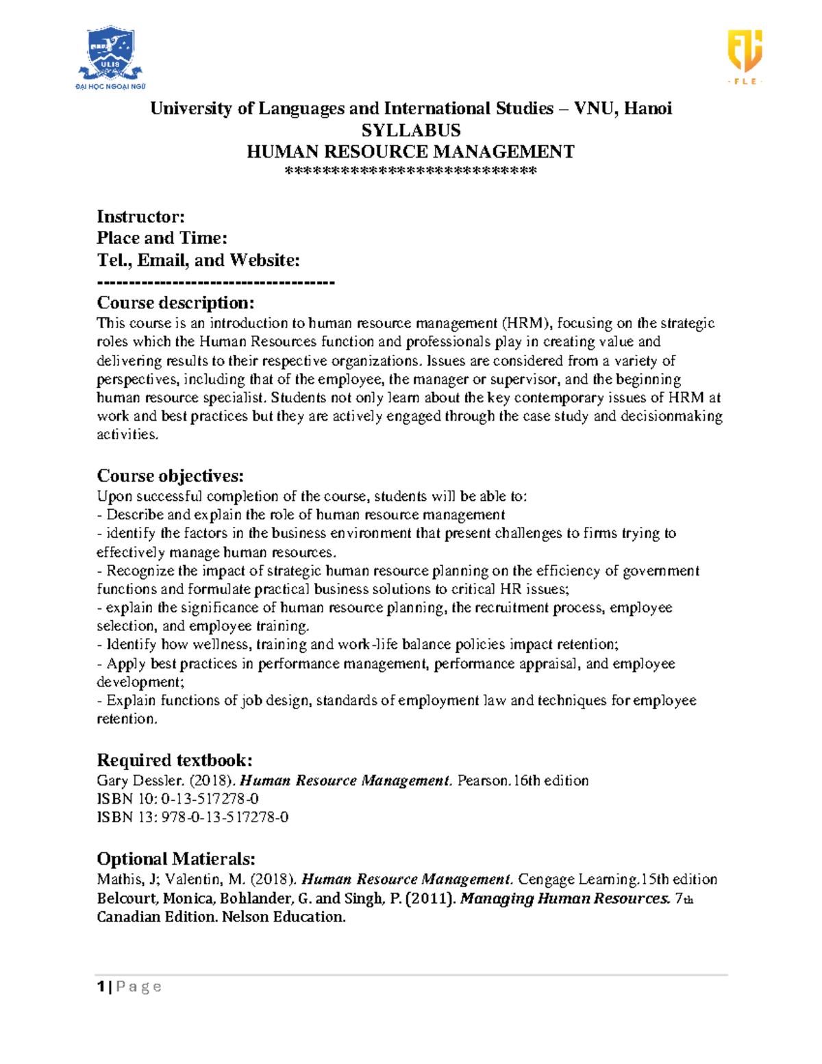 HRM Syllabus - Human Resource Management Course Overview - Studocu