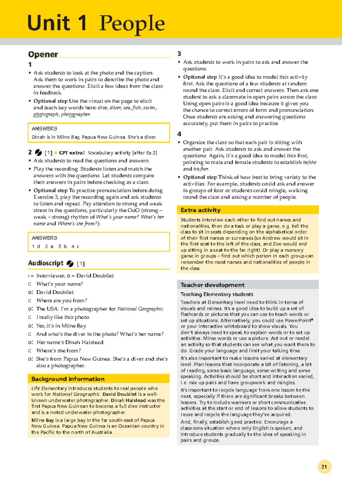 Life 2E Elementary Teacher's Book: Unit 1 Activities and Insights - Studocu