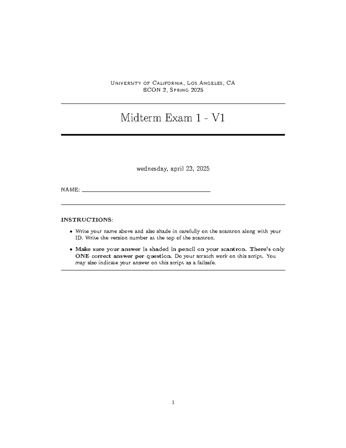 ECON 2 Midterm Exam 1 V1 - Spring 2025 Study Guide - Studocu