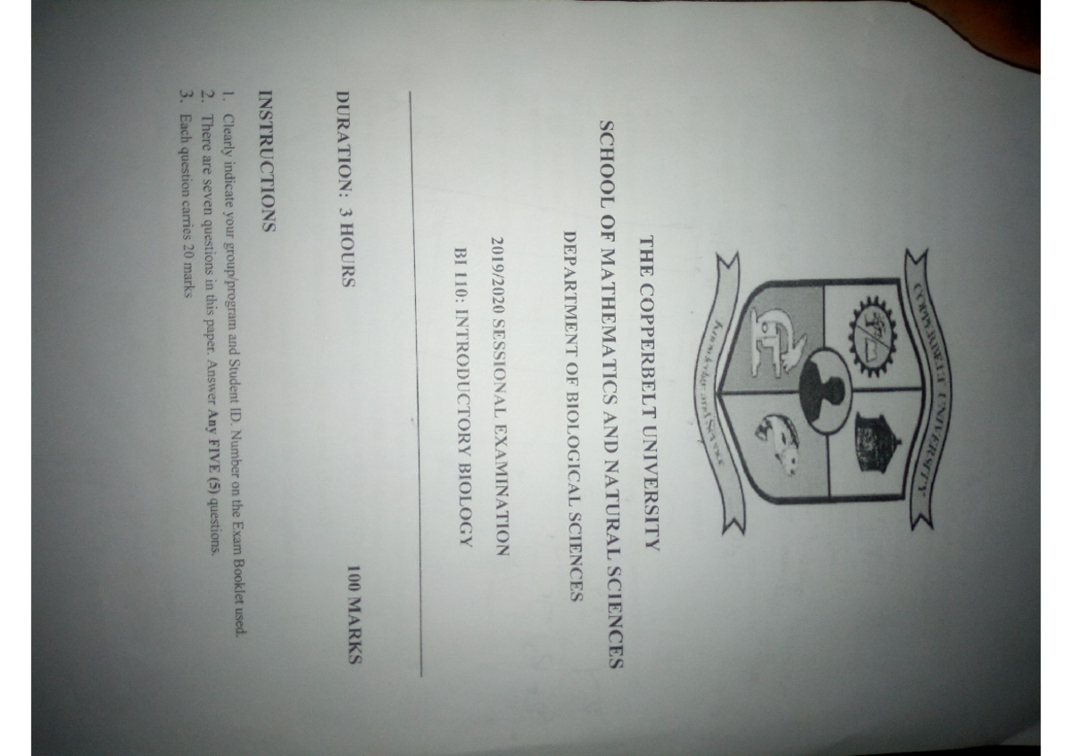 BI 110: Introductory Biology 2020 Sessional Exam Guide - Studocu